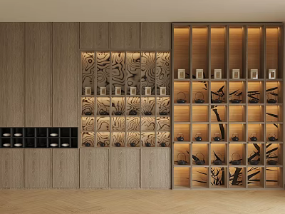 Elegant Modern Wooden Tea Cabinet With Carved Shelves And Display Storage Design 3d model