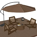Wooden Outdoor Chairs On Deck With Brown Umbrella Round Side Table And Lantern