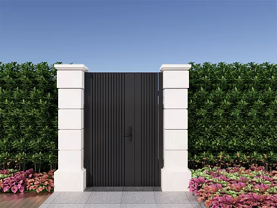 Elegant Black Gate With White Pillars Green Hedge Pink Flowers Stone Pathway And Blue Sky 3d model