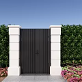 Elegant Black Gate With White Pillars Green Hedge Pink Flowers Stone Pathway And Blue Sky