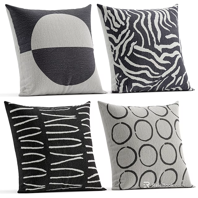 Stylish Black And White Geometric Pattern Throw Pillows With Circle And Striped Designs 3d model