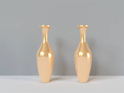 Two Shiny Golden Vases Placed On White Tabletop Against Gray Background 3d model