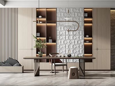 Modern Tea Table and Chairs with Geometric Pattern Wall Bookshelves and Hanging Lights 3d model