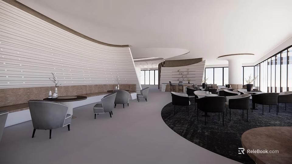 Modern Hotel Lobby With Curved Wall Gray Furniture Round Carpet And Large Windows 3d model 