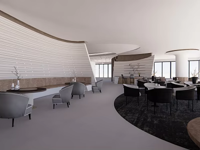 Modern Hotel Lobby With Curved Wall Gray Furniture Round Carpet And Large Windows 3d model