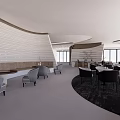 Modern Hotel Lobby With Curved Wall Gray Furniture Round Carpet And Large Windows