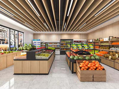 Bright Fruit Store Interior With Wooden Ceiling Shelves And Fresh Oranges Watermelons 3d model