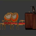 Vintage Furniture Set With Carved Sofa Red Upholstery Wooden Coffee Table And Chairs