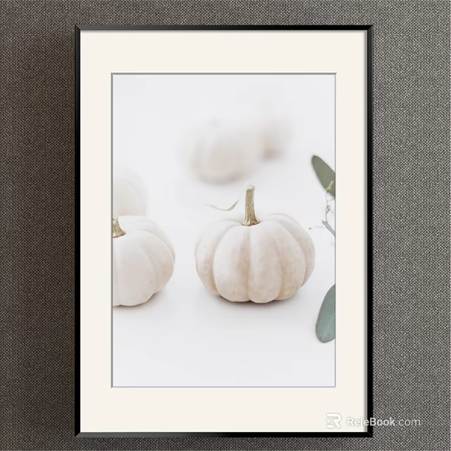 White Mini Pumpkins With Green Leaves On White Background Framed Artwork 3d model