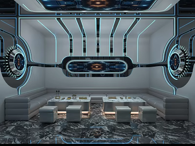 Modern Tech KTV Room With Blue Lighting Curved Design Marble Floor Sofa And Console 3d model