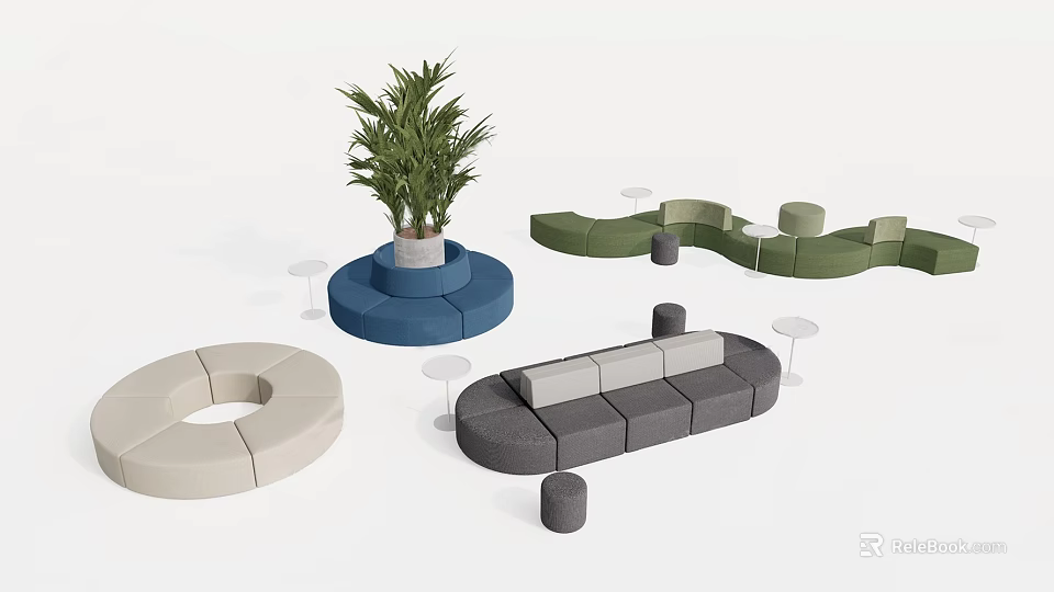 Modern Lounge Seating Furniture With Circular Beige Blue Gray Green Pieces And Potted Plant 3d model 