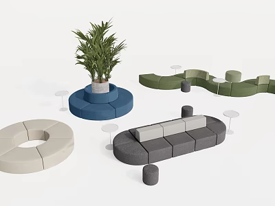 Modern Lounge Seating Furniture With Circular Beige Blue Gray Green Pieces And Potted Plant 3d model