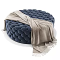Round Navy Blue Stool With Padded Bubble Design And Fringed Blanket Draped 3d model