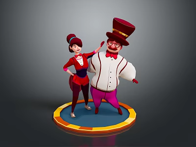 Two Cartoon Characters In Red Outfit Top Hat And Purple Pants Posing On Circular Platform 3d model