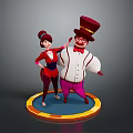 Two Cartoon Characters In Red Outfit Top Hat And Purple Pants Posing On Circular Platform