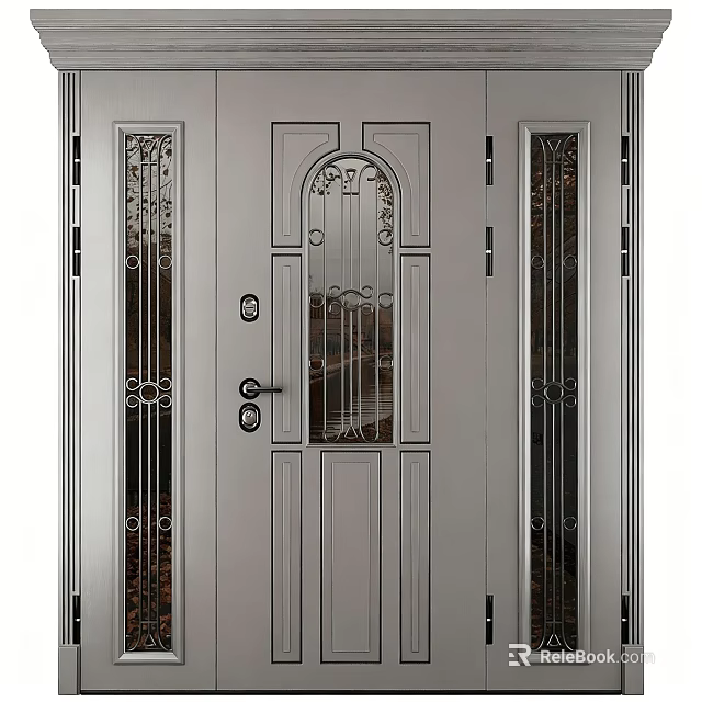 Elegant Metal Front Door With Decorative Glass Panels And Ornate Designs 3d model 