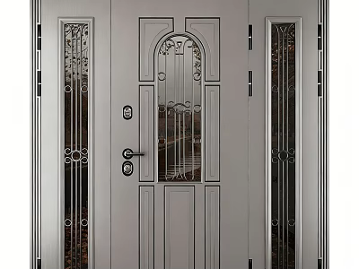 Elegant Metal Front Door With Decorative Glass Panels And Ornate Designs 3d model
