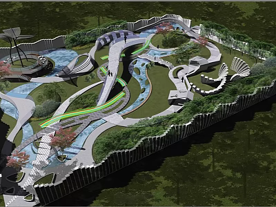 Modern Park Landscape Design With Winding Pathways Water Features And Lush Greenery 3d model