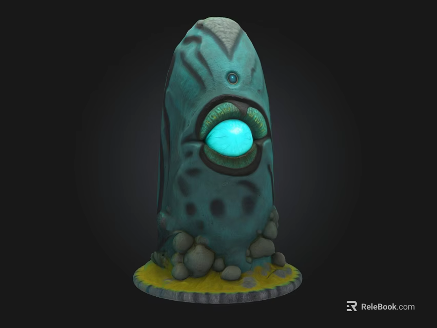 Decorative Stone Building Structure With Glowing Blue Eye And Rock Base On Yellow Ground 3d model 