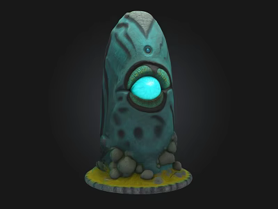 Decorative Stone Building Structure With Glowing Blue Eye And Rock Base On Yellow Ground 3d model