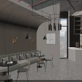 Modern Café Interior With Dark Wooden Walls Curved Green Sofas Pendant Lights And City View