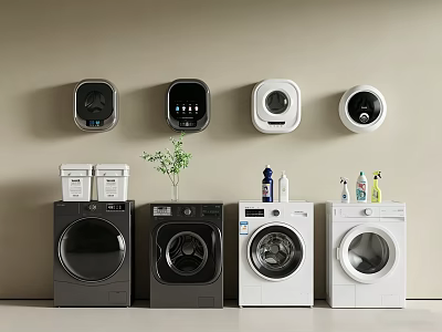 Four Black And White Washing Machines With Cleaning Supplies And Small Plant In Laundry Setup 3d model