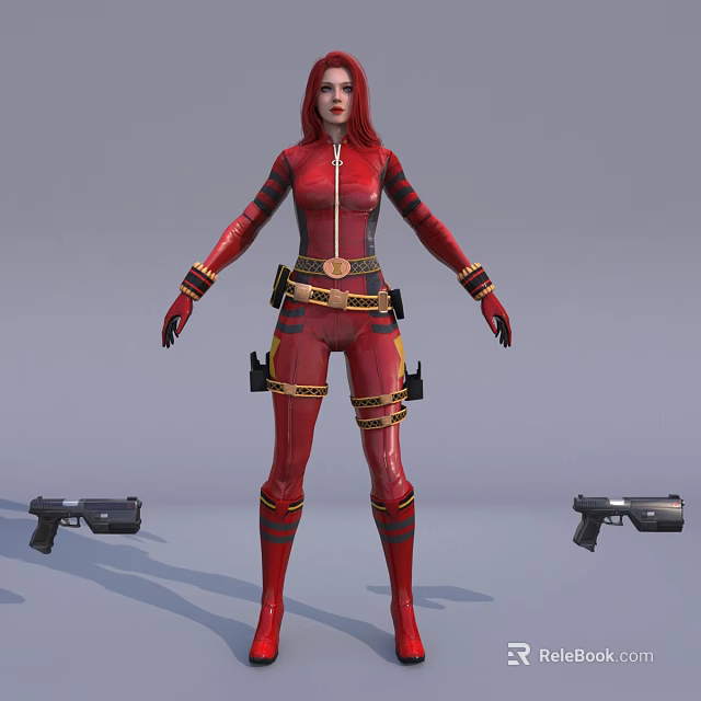 Red Haired Woman In Red Bodysuit With Gold Accents Belt And Leg Straps Near Guns 3d model 