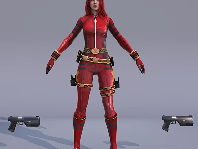 Red Haired Woman In Red Bodysuit With Gold Accents Belt And Leg Straps Near Guns 3d model