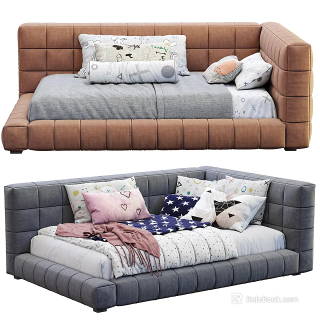 Cozy Brown and Gray Sectional Sofa with Soft Cushions and Various Patterned Throw Pillows 3d model