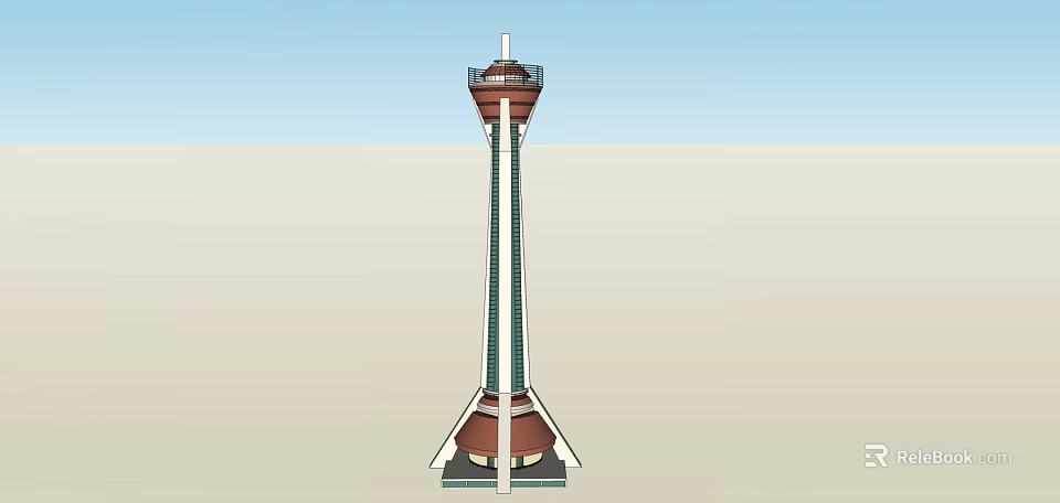 Modern Red And White Tower With Observation Deck And Conical Base Under Clear Sky 3d model