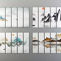 Chinese Ink Landscape Paintings Multiple Panel Wall Art With Mountains Sun Boat Water