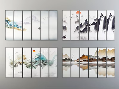 Chinese Ink Landscape Paintings Multiple Panel Wall Art With Mountains Sun Boat Water 3d model