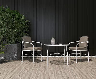 Outdoor Table with Two Gray Cushioned Chairs Green Plant Black Wall and Wooden Floor 3d model