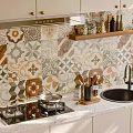Modern Kitchen Interior With White Cabinets Black Refrigerator Patterned Tile Backsplash And Wooden Floor