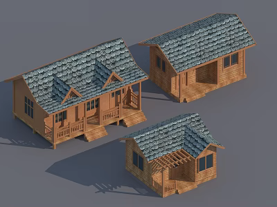 Multiple Different Styles Wooden Houses With Tile Roofs Porches And Windows 3d model
