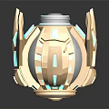 3D Rendered Futuristic Golden Device With Blue Glowing Elements And Reflective Base