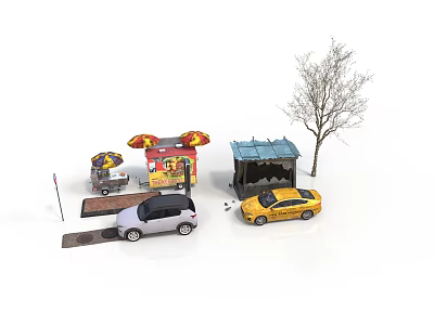 Urban Roadside Scene With Cars Food Stalls Blue Shelter Street Signs And Bare Tree 3d model