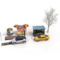 Urban Roadside Scene With Cars Food Stalls Blue Shelter Street Signs And Bare Tree