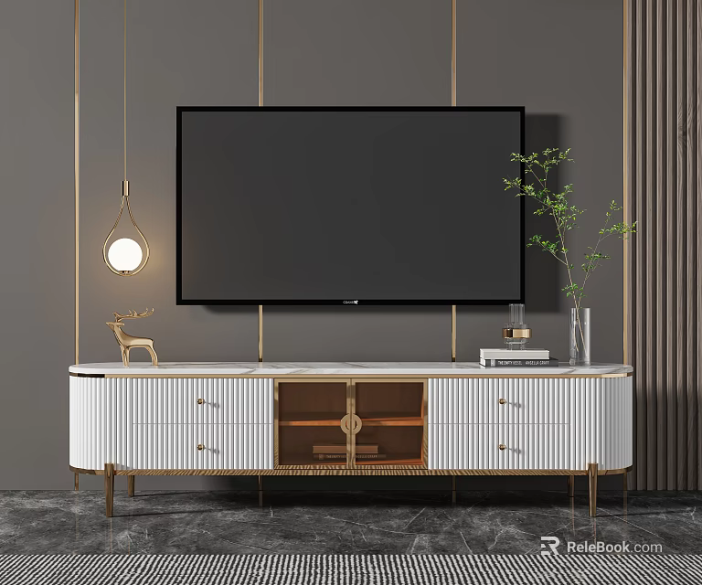 Modern TV Stand with White Gold Rattan Drawers Mounted TV Deer Figurine and Green Plant 3d model 