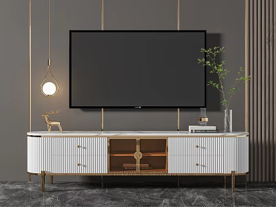 Modern TV Stand with White Gold Rattan Drawers Mounted TV Deer Figurine and Green Plant 3d model