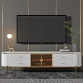 Modern TV Stand with White Gold Rattan Drawers Mounted TV Deer Figurine and Green Plant