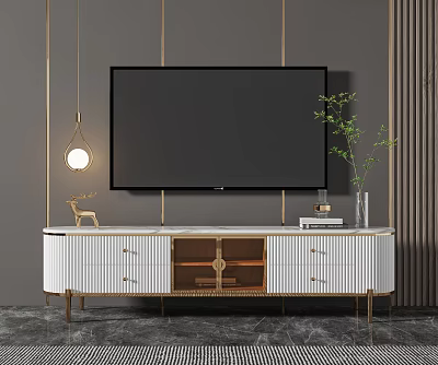 Modern TV Stand with White Gold Rattan Drawers Mounted TV Deer Figurine and Green Plant 3d model