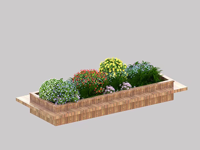Colorful Flowers In Wooden Planter Box With Mixed Green Plants And Vibrant Blooms 3d model