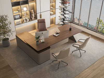 Modern Office Desk with Wooden Top Laptop Chairs Plant and Bookshelves Near Window 3d model