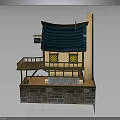 Traditional Japanese Style Wooden Building With Blue Roof Balcony And Yellow Windows On Stone Base