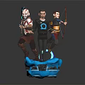 Three Fantasy Characters With Weapons Standing On Blue Platform And Central Blue Ring Figure