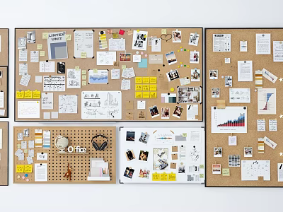 Creative Photo Wall With Multiple Cork Boards Papers Photos Sketches Notes And Charts 3d model