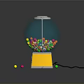 Colorful Gumball Machine With Transparent Glass Globe Yellow Base And Scattered Candies On Dark Background