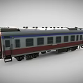 Vintage Train Carriage With Red White Blue Exterior Featuring Row Of Windows And Roof Equipment