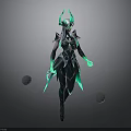 Elaborate Fantasy Character With Green Glowing Armor Horns Dual Weapons And Floating Spheres